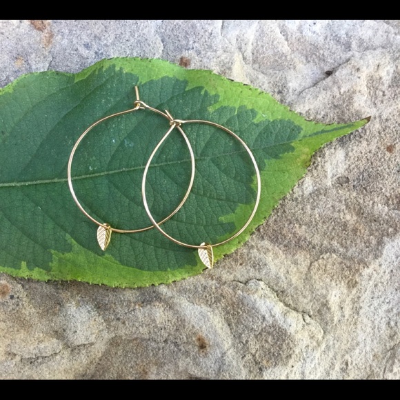 Jewelry - Dainty Gold Hoops with Tiny Leaf Charm